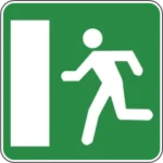 H50a – Saída de emergência_ indicação da localização de uma saída de emergência e da direção e distância à saída de emergência m
